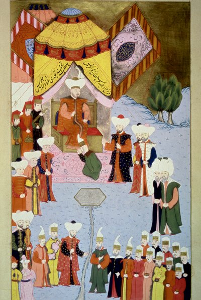 Sultan Bayezid I et sa cour. Miniature du « Hunername » de Lokman, vol. 1 (H 1523, f.7) 1584. Bibliothèque du musée du palais de Topkapi, Istanbul - Ottoman School