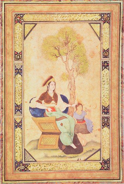 Femme assise avec une jeune fille dans un jardin, de l