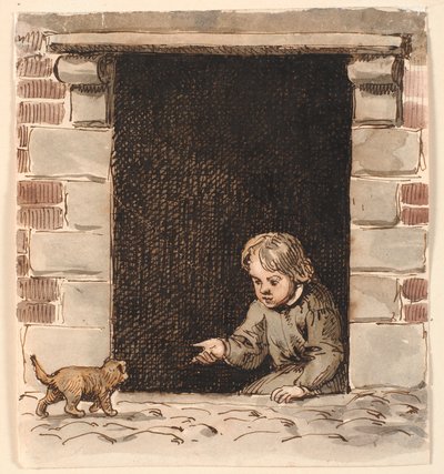 Un garçon assis à une porte de cave, attirant un chiot - P.C. Skovgaard