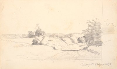 Un chemin de campagne avec quelques buissons au premier plan. En arrière-plan une lisière de forêt - P.C. Skovgaard