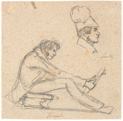 H.E. Freund assis sur un tabouret et regardant un dessin. En haut à droite, portrait de profil de J. Th. Lundbye. - P.C. Skovgaard