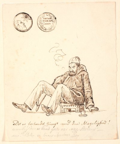 Caricature de Johan Thomas Lundbye avec fez, longue pipe et tasse de café, assis sur un tabouret oriental. En haut, médaille avec l