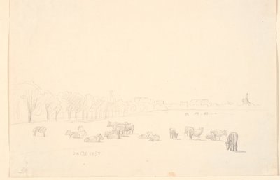Vaches dans le champ, en arrière-plan le moulin de Tagens - P.C. Skovgaard