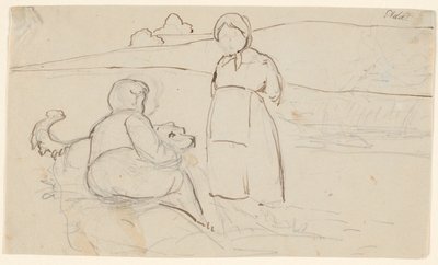 Garçon assis avec un chien et une fille debout dans un paysage - P.C. Skovgaard