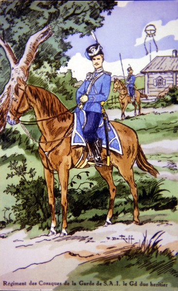 Carte postale représentant un cavalier du Régiment des Cosaques de la Garde de S.A.I - P. (after) Dmitroff
