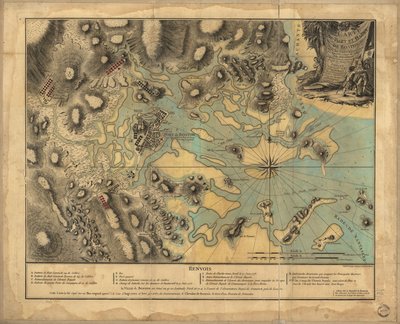 22,000. Main colorée. Relief montré par des hachures. Profondeurs montrées par des sondages. Cette carte a été copiée sur un plan original apporté à la cour d