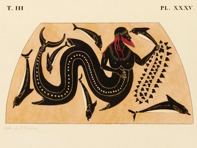 Impression de la décoration sur une amphore grecque, montrant Poséidon accompagné de dauphins, vers 1858 - P. Bineteau