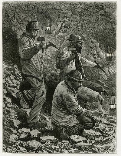 Mineurs extrayant du charbon dans la veine. Gravure par Ferat, pour illustrer le récit « Belgique », par Camille Lemonnier. Publié dans Le Tour du monde, nouveau journal des voyages, 2e semestre 1884, édité par Édouard Charton - P. Ferat