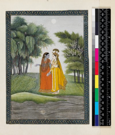 Krishna et Radha marchant près de la Jumna au clair de lune après avoir échangé leurs vêtements, tiré du 