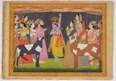 Krishna soulevant le mont Govardhana, du Bhagavata Purana, Kulu, Himachal Pradesh, 1749 - Pahari School