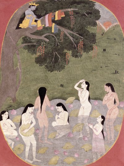 Krishna avec les vêtements des filles de vache, Tehri-Garhwal, vers 1820-30 - Pahari School