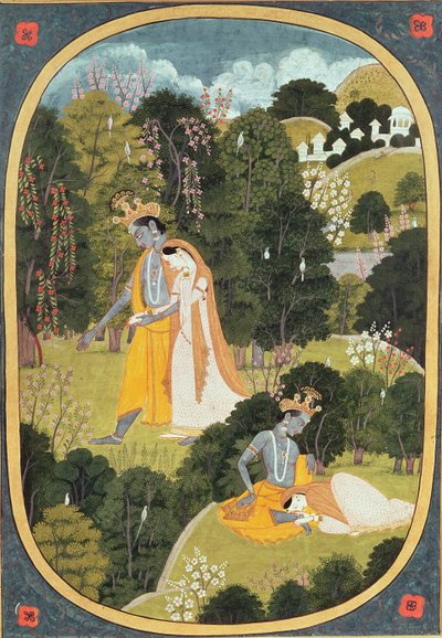 Radha et Krishna marchant dans un bosquet - Pahari School