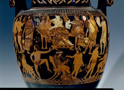 Crater à volutes à figures rouges attiques, détail de la scène des acteurs et musiciens se préparant pour une représentation devant Bacchus et Ariane, grec, de Ruvo, 5ème siècle av. J.-C. - Painter Pronomos