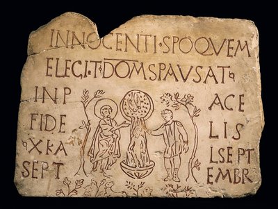 Pierre tombale avec inscription et le baptême du Christ, période paléochrétienne, 3ème siècle - Paleo Christian