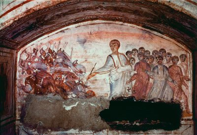 Art paléochrétien (période de la Rome antique) : Passage de la mer Rouge. Fresque de la catacombe de la Via Latina à Rome. 4ème siècle - Paleo Christian