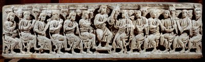 Art paléochrétien : sarcophage sculpté représentant le Christ enseignant avec les apôtres - Paleo Christian