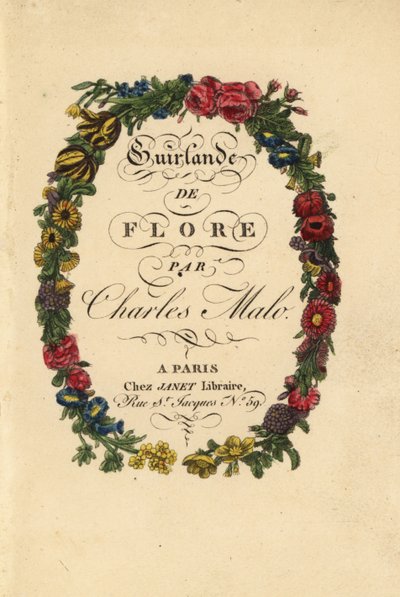 Page de titre calligraphique dans une couronne florale de roses, tulipes et autres fleurs - Pancrace (after) Bessa