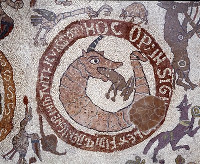 Représentation du Léviathan sous forme de crocodile incarnant Satan tenant dans sa bouche un lièvre représentant l