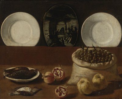 Nature morte avec assiettes, un sac rempli d