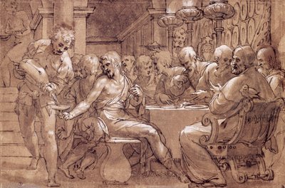 Le souper de Saint Grégoire, dessin par Paolo Farinati (1524-1606), aquarelle gris-brun, plume, plomb blanc et crayon noir, Italie - Paolo Farinati