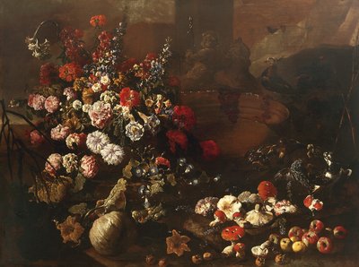 Nature morte avec fleurs, fruits, champignons et oiseaux - Paolo Porpora