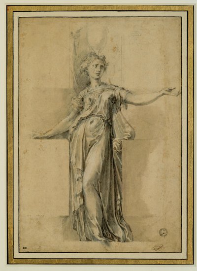 Une canephore. Encre brune, pierre noir, gouache sur papier beige ... - Parmigianino (1503-40)