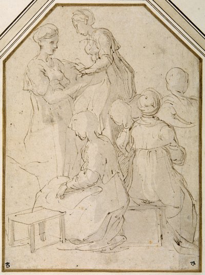 Groupe domestique, deux femmes debout et quatre assises - Parmigianino