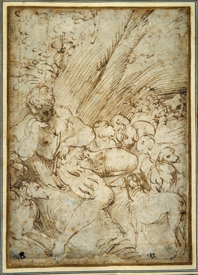 Berger tenant une pipe, se reposant sous un arbre avec son chien parmi leur troupeau - Parmigianino