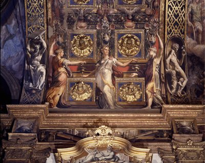 Trois des cinq vierges folles. Détail des fresques de Francesco Mazzola (1503-1540) connu sous le nom de Le Parmesan décorant la voûte principale de la Chapelle Majeure de l