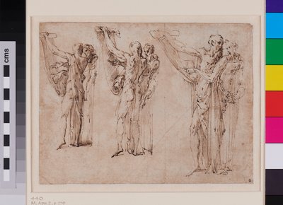 Trois études de saint Jérôme et saint François en conversation, recto v. 1534 - 1539 (plume et encre brune avec lavis gris sur papier vergé) - Parmigianino (1503-40)
