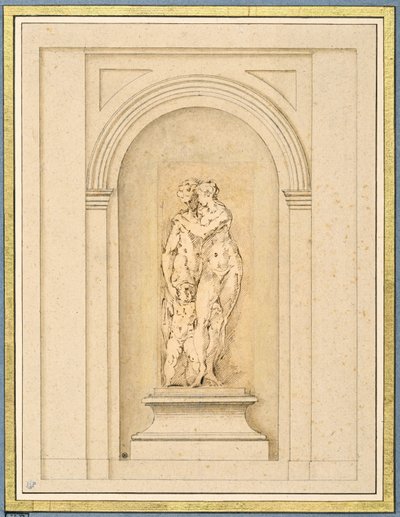 Deux figures et un cupidon entourés d