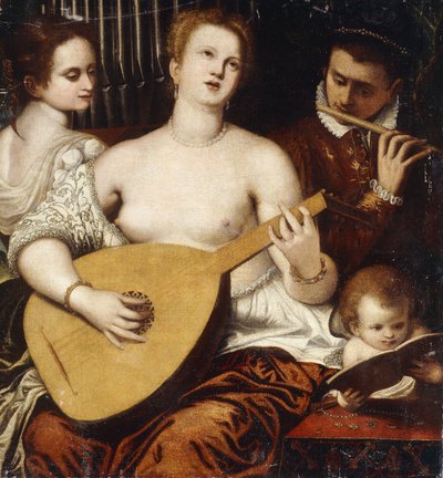 Deux filles et un jeune homme faisant de la musique - Parrasio Micheli