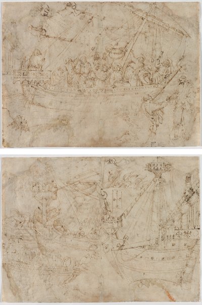Navicella (recto) Deux dessins de navires (verso) - Parri Spinelli