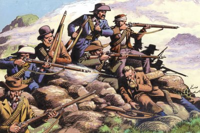 1880, Boers du Transvaal combattant à Majuba Hill pendant la première guerre des Boers (gouache sur papier) - Pat (1907-95) Nicolle