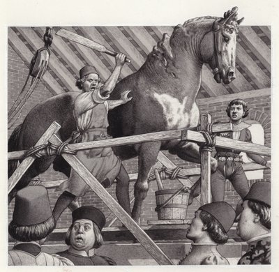 Andrea Verrocchio casse la tête de sa statue de cheval (gouache sur papier) - Pat (1907-95) Nicolle
