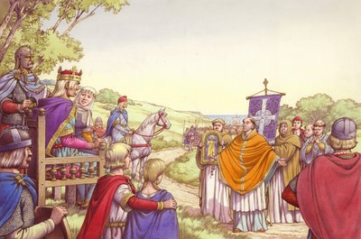 Augustin face au roi Ethelbert et à sa reine Berthe (gouache sur papier) - Pat (1907-95) Nicolle