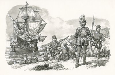 Premiers Européens arrivant en Californie (gouache sur papier) - Pat (1907-95) Nicolle