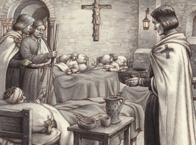Godefroy de Bouillon observe les moines bénédictins qui soignent les blessés (gouache sur papier) - Pat (1907-95) Nicolle