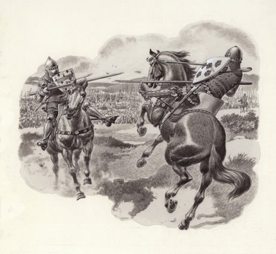 Chevaliers à la bataille de Poitiers (gouache sur papier) - Pat (1907-95) Nicolle
