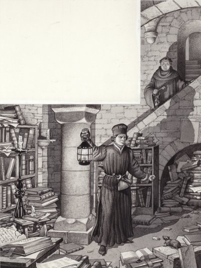Poggio Bracciolini dans la bibliothèque délaissée du monastère de Saint-Gall (gouache sur papier) - Pat (1907-95) Nicolle