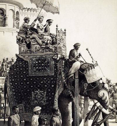 La reine Élisabeth II sur un éléphant (gouache) - Pat (1907-95) Nicolle