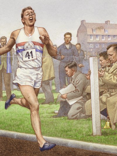 Roger Bannister courant le premier mile de quatre minutes (gouache sur papier) - Pat (1907-95) Nicolle