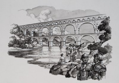 Aqueduc romain (gouache sur papier) - Pat (1907-95) Nicolle