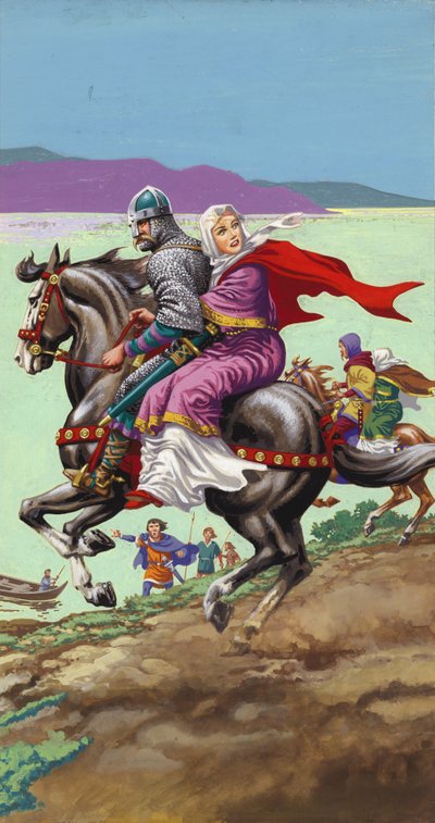 La princesse saxonne Margaret échappe avec sa famille aux griffes de Guillaume le Conquérant (gouache sur papier) - Pat (1907-95) Nicolle