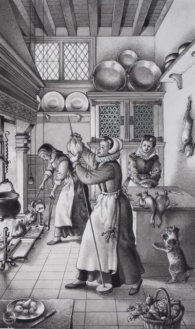 Cuisine du XVIe siècle (gouache sur papier) - Pat (1907-95) Nicolle