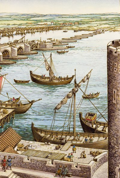 La construction du nouveau pont de Londres (gouache sur papier) - Pat (1907-95) Nicolle
