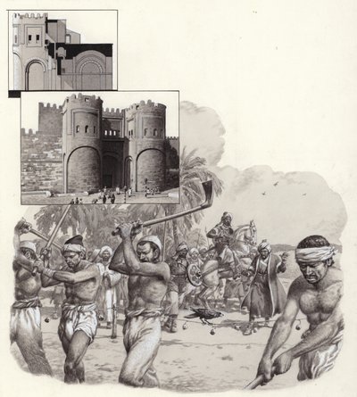 Les travaux sur les premiers murs du Caire ont commencé en 969 (gouache sur papier) - Pat (1907-95) Nicolle