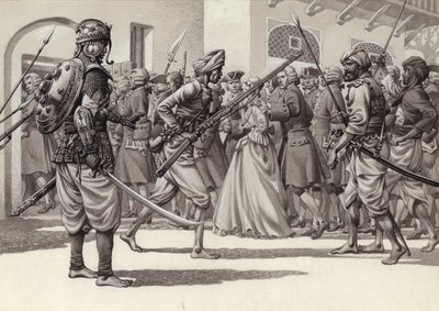 Les soldats britanniques sont forcés de pénétrer dans le trou noir de Calcutta (gouache sur papier) - Pat (1907-95) Nicolle