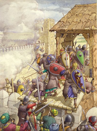 Les forces de Godefroy de Bouillon franchissent les murs de Jérusalem (gouache sur papier) - Pat (1907-95) Nicolle