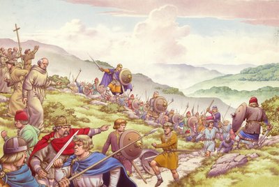 Le roi Aethelfrith envoie des soldats massacrer douze cents moines (gouache sur papier) - Pat (1907-95) Nicolle